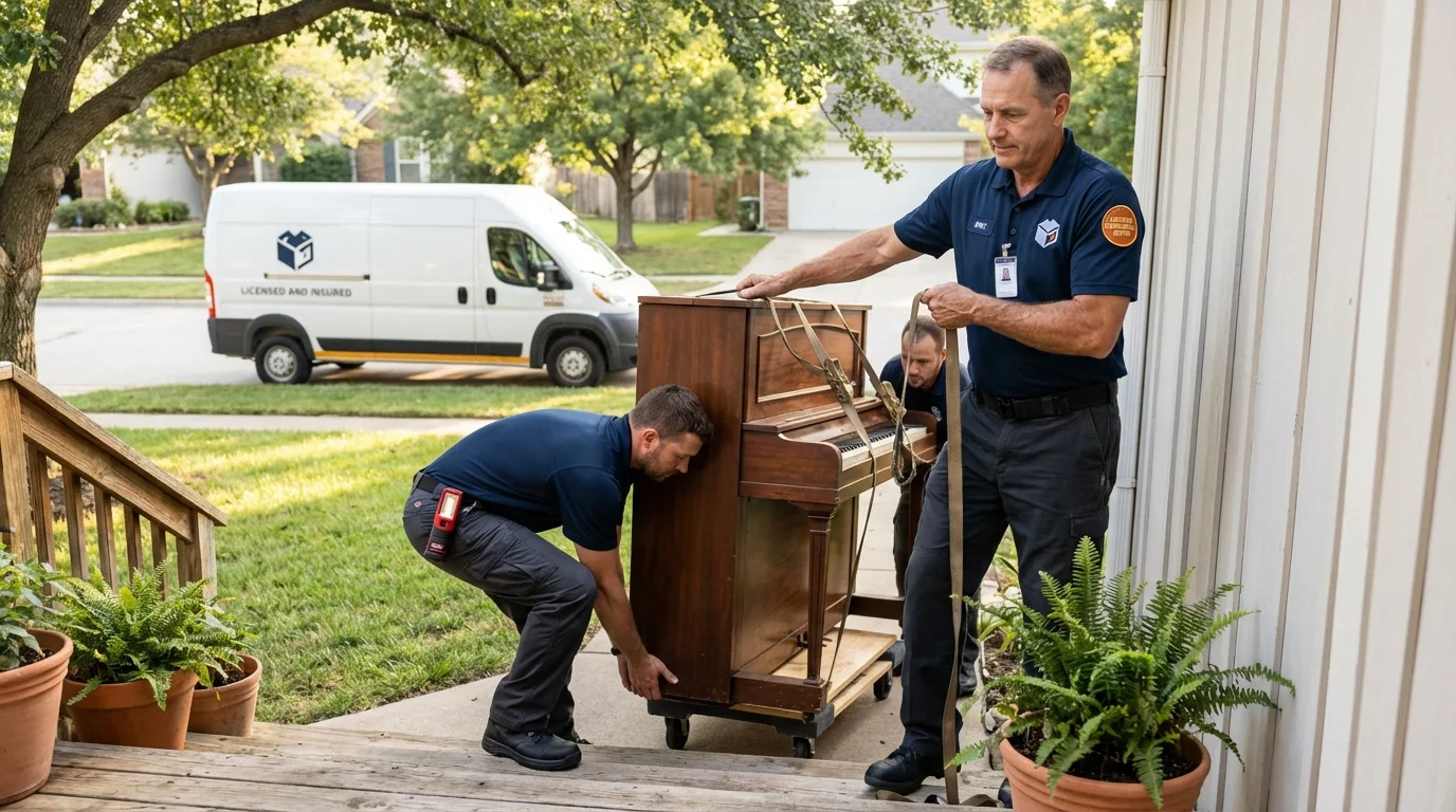 Licensed piano movers securing grand piano in Osseo, WI