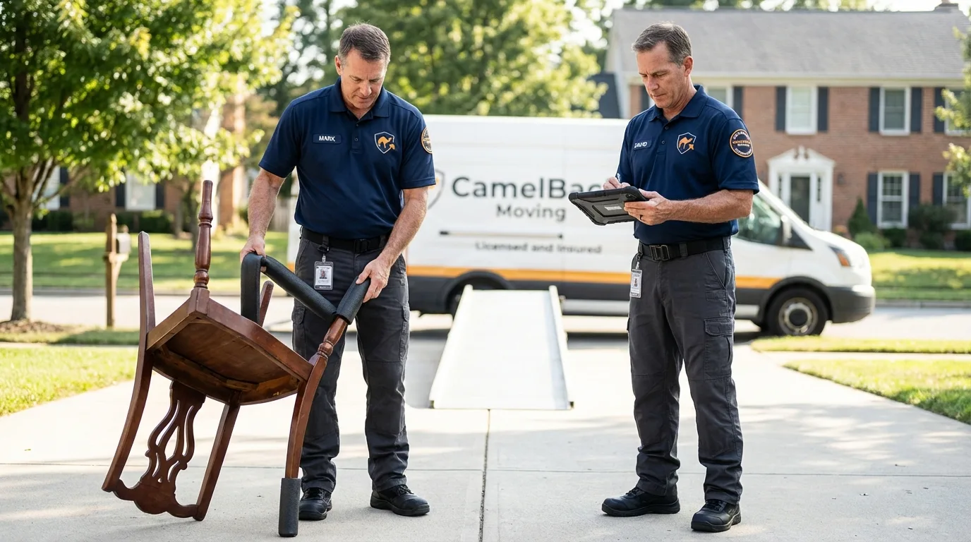 Movers inspecting furniture for damage prevention before loading in Osseo, WI